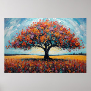 Vibrant Autumn Oak Turquoise Sky Art Poster