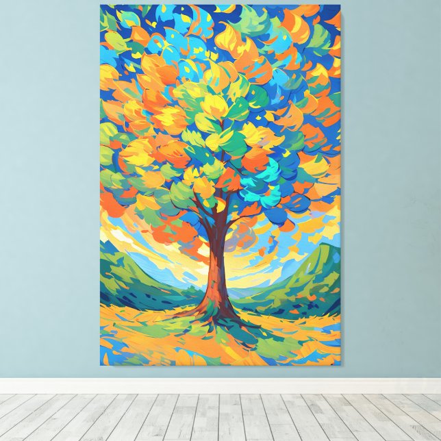 Vibrant Autumn Tree in Swirling Colours Canvas Print (Insitu(Wood Floor))