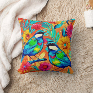 Vibrant Avian Art: Colorful Birds Throw Pillow