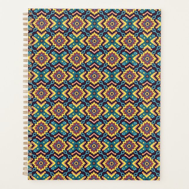 Vibrant Aztec Geometric Floral Pattern Planner (Front)