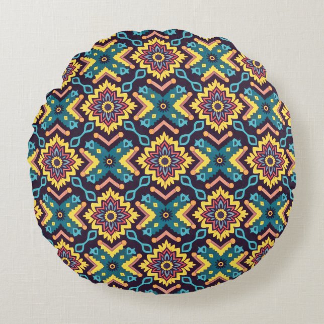 Vibrant Aztec Geometric Floral Pattern Round Pillow (Front)