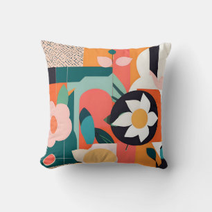 Vibrant Bauhaus Geometric Floral Design Throw Pillow