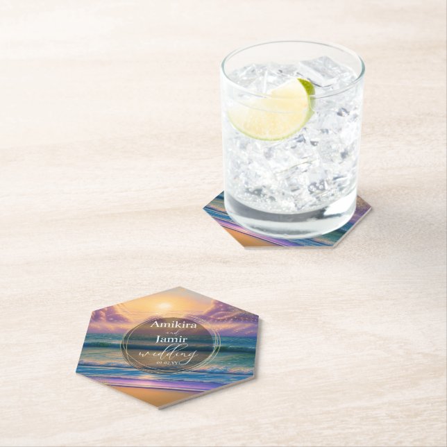 Vibrant Beach Background Faux Glitter Wedding Paper Coaster (Insitu)