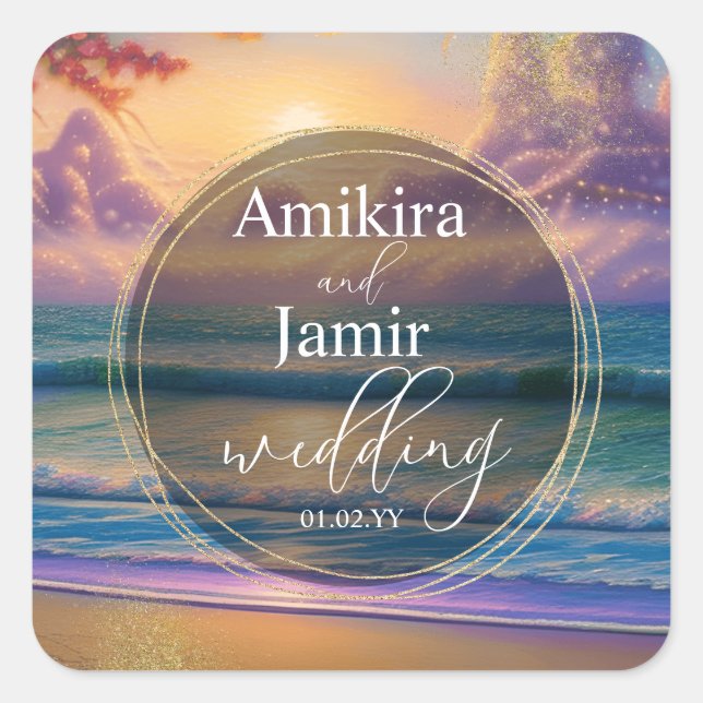 Vibrant Beach Background Faux Glitter Wedding Square Sticker (Front)