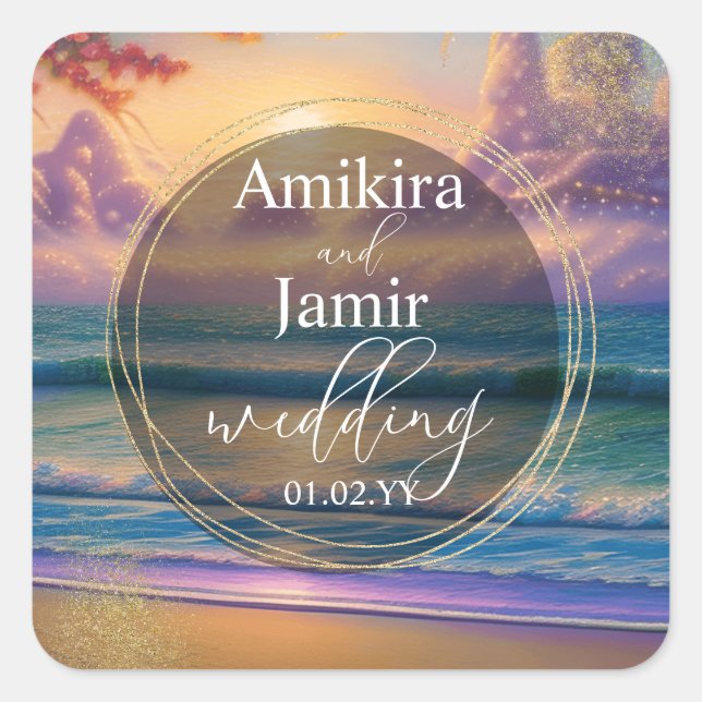 Vibrant Beach Background Faux Glitter Wedding Square Sticker (Front)