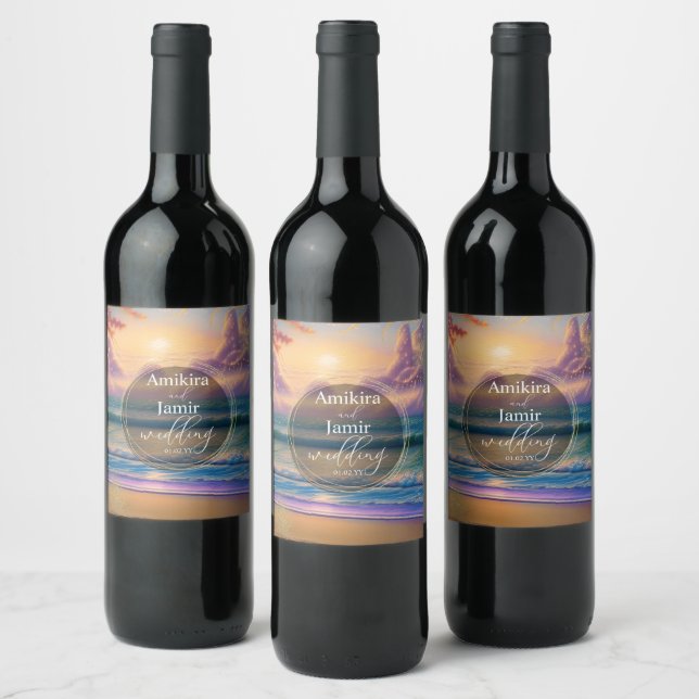 Vibrant Beach Background Faux Glitter Wedding Wine Label (Bottles)