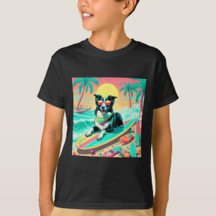 Vibrant Beach Scene Graphic Surfing Dog And Tropic T-Shirt
