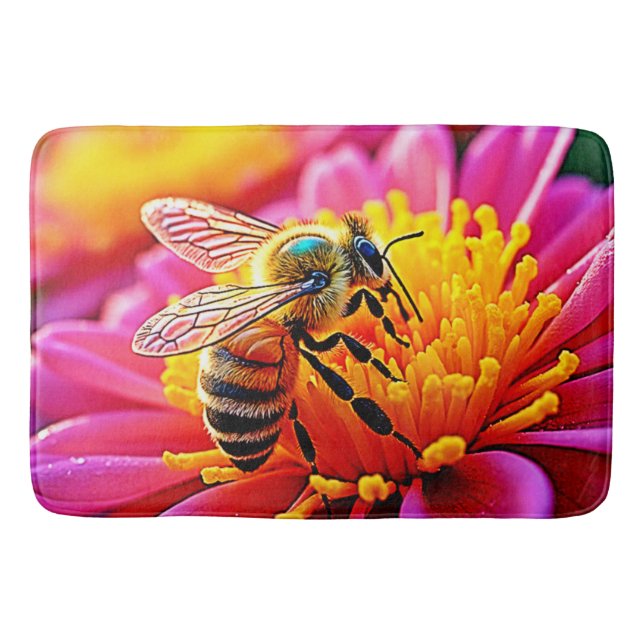 Vibrant Bee on Bloom Design Bath Mat (Front)