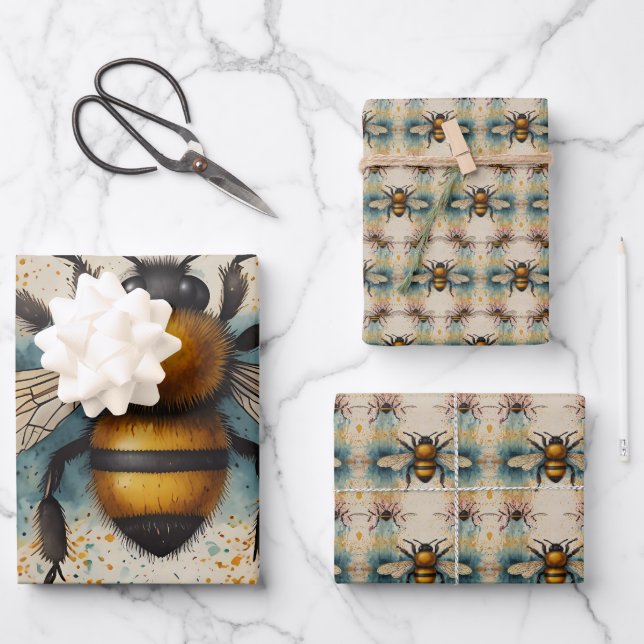 Vibrant Bee Watercolour Pattern Wrapping Paper Sheet (Front)