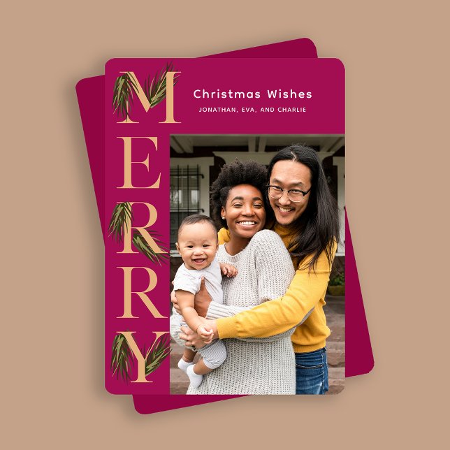 Vibrant Berry Merry Pine Photo Christmas  Holiday Card (Creator Uploaded)