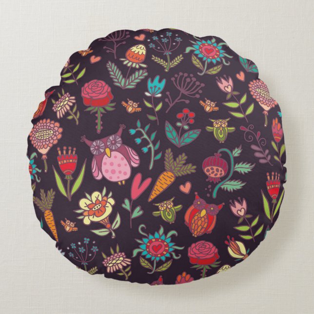 Vibrant Big Flowers Collection Round Pillow (Front)