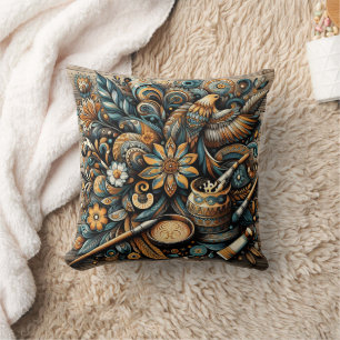 Vibrant bird and floral design with artistic tools throw pillow