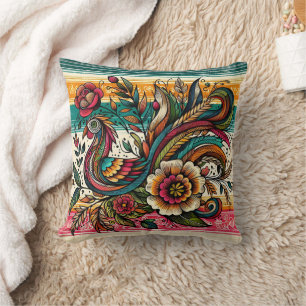 Vibrant bird and flower design in colourful swirls throw pillow
