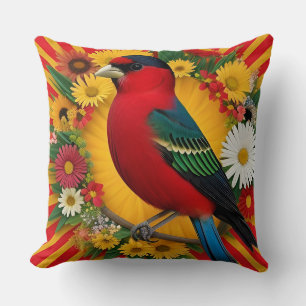 Vibrant Bird Illustration With Floral Mandala Throw Pillow