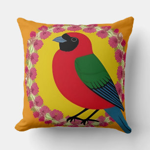 Vibrant Bird Illustration With Floral Mandala Throw Pillow