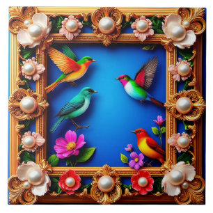 Vibrant Birds Encircled by Ornate Floral Frame Tile