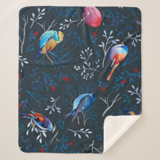 Vibrant Birds: Gouache Dark Elegance Sherpa Blanket