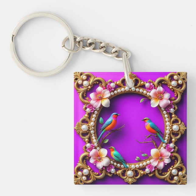 Vibrant Birds Perched Keychain (Front)