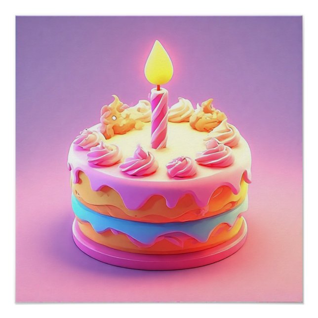 Vibrant Birthday Cake with Candle Poster (Front)