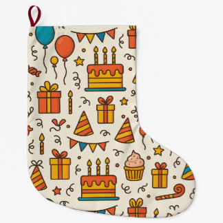 Vibrant Birthday Party Seamless Pattern Large Christmas Stocking