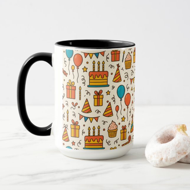 Vibrant Birthday Party Seamless Pattern Mug (With Donut)