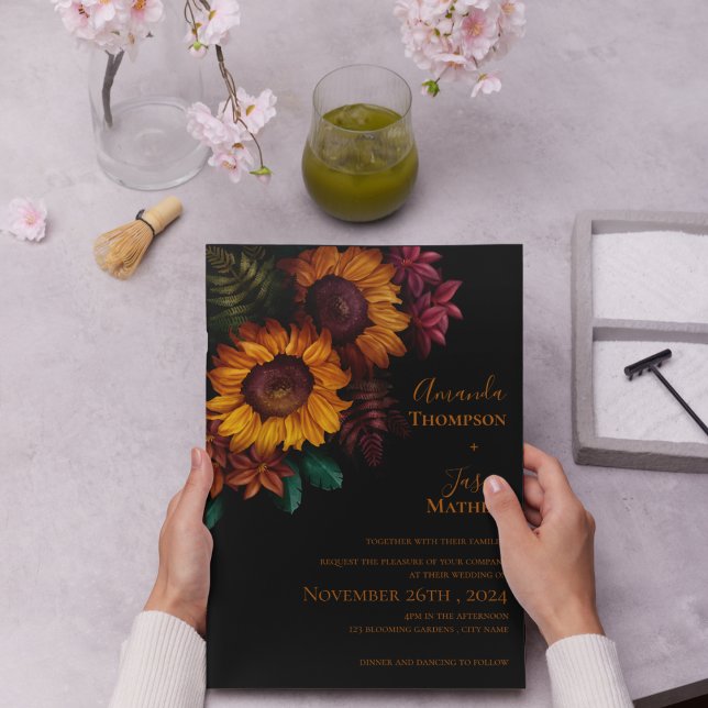 Vibrant Black Burnt Orange Floral Modern Wedding Invitation Postcard (Vibrant Black Burnt Orange Floral Modern Wedding Invitation Postcard)