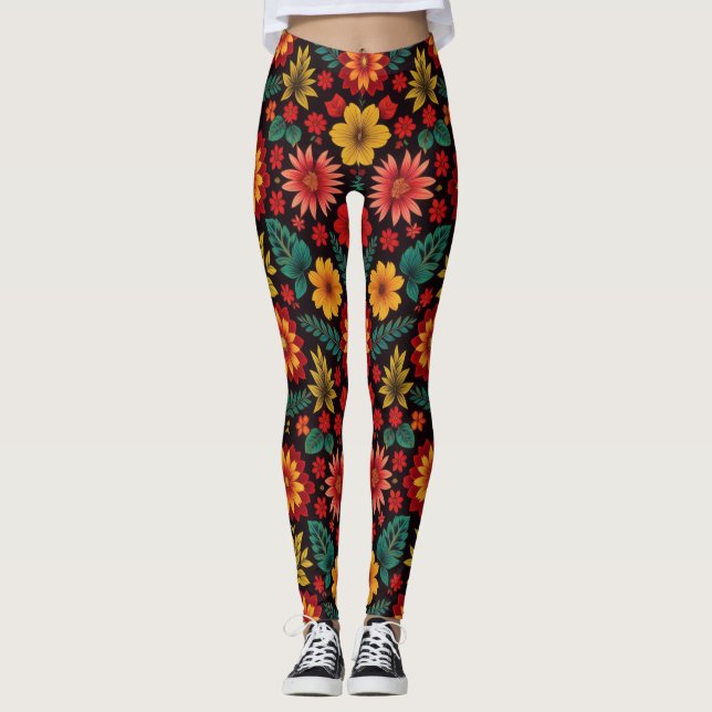 Vibrant Bloom Folkloric All-Over Print Leggings (Front)