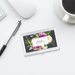 Vibrant Bloom | Personalized Watercolor Floral Business Card Holder<br><div class="desc">Elegant floral business card holder features a bouquet of watercolor painted peony and rose flowers in vibrant shades of violet purple,  blush pink and green on a rich brushed charcoal background. Your name and/or business name is displayed in the centre in modern lettering on a white rectangular element.</div>