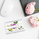 Vibrant Bloom | Personalized Watercolor Floral Business Card Holder<br><div class="desc">Elegant floral business card holder features a bouquet of watercolor painted peony and rose flowers in vibrant shades of violet purple,  blush pink and green. Your name and/or business name is displayed in the centre in modern lettering on a white band.</div>