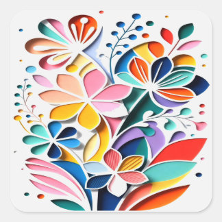 Vibrant Bloom Symphony Modern Paper-Cut Floral Art Square Sticker