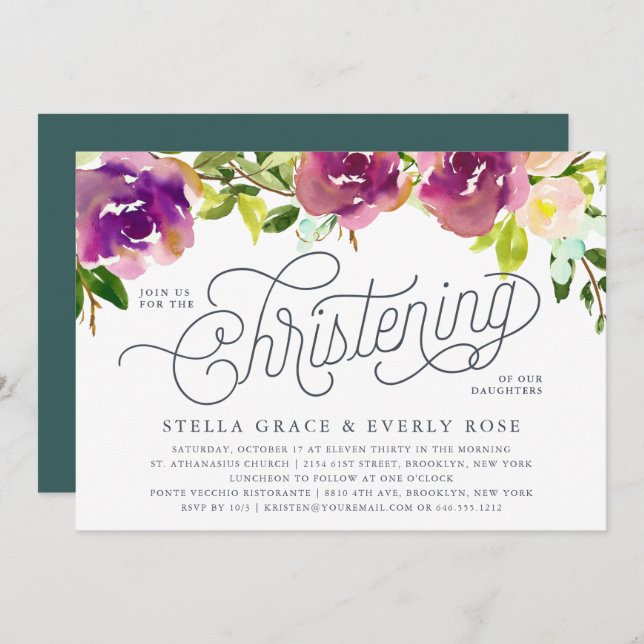 Vibrant Bloom Twins Christening Invitation (Front/Back)