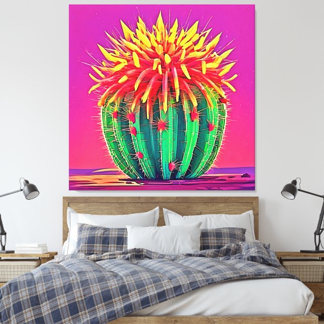 Vibrant Blooming Cactus Canvas Print (Insitu(Bedroom))