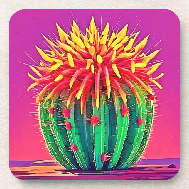 Vibrant Blooming Cactus Coaster (Front)