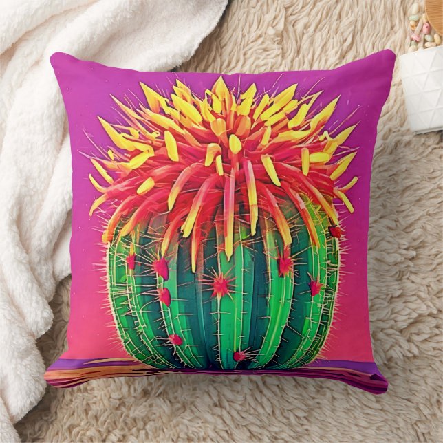 Vibrant Blooming Cactus Throw Pillow (Blanket)