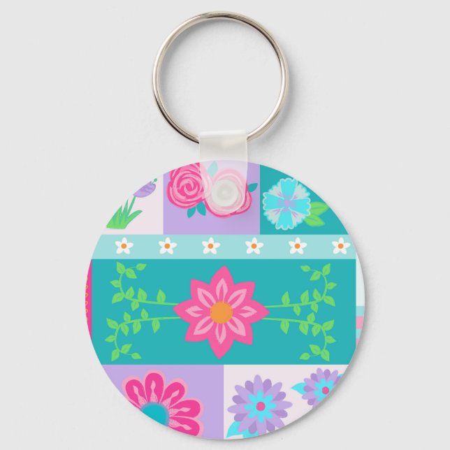Vibrant Blooming Flowers Design Keychain (Front)