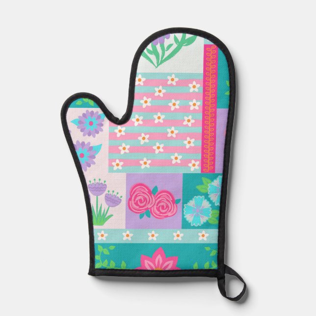 Vibrant Blooming Flowers Design Oven Mitt (Front)
