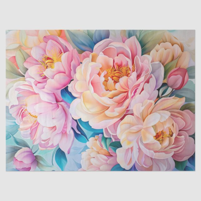 Vibrant Blooming Peonies in Soft Pastel Decoupage Tissue Paper (Front)