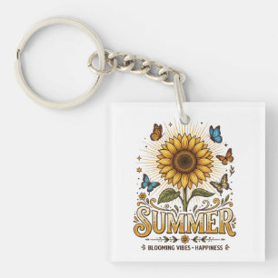 Vibrant Blooming summer sunflower with Butterflies Keychain