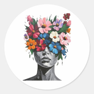 Vibrant Blooms Concealing A Monochrome Face Sticke Classic Round Sticker