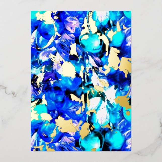 Vibrant blue abstract art w foiling foil holiday card (Front)