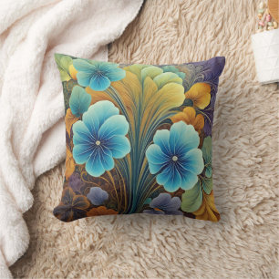 Vibrant Blue and Orange Floral Design Throw Pillow