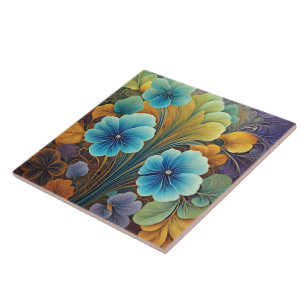 Vibrant Blue and Orange Floral Design Tile