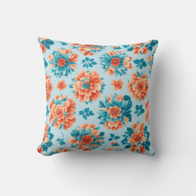 Vibrant Blue and Orange Floral Illustration Throw Pillow (Front)