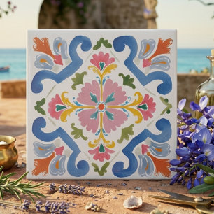 Vibrant Blue and Pink Folk Art Floral Decorative Tile