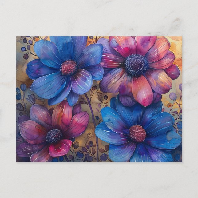 Vibrant Blue and Purple Floral Postcard (Front)