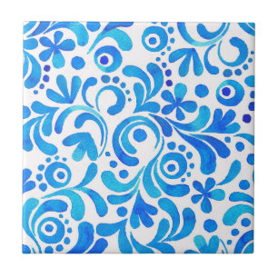 Vibrant Blue and White Watercolor Botanical Tile