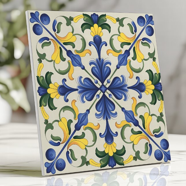 Vibrant Blue and Yellow Mediterranean Floral  Tile (Creator Uploaded)