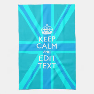 Vibrant Blue Aqua Keep Calm Your Text Union Jack Kitchen Towel