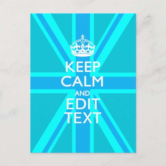 Vibrant Blue Aqua Keep Calm Your Text Union Jack Postcard (Front)