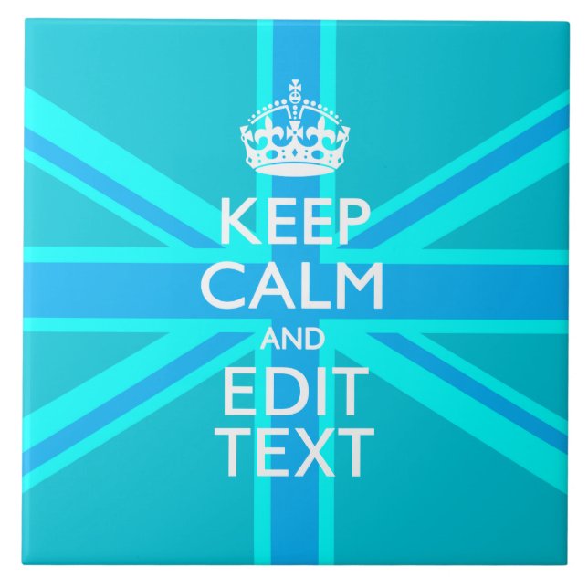 Vibrant Blue Aqua Keep Calm Your Text Union Jack Tile (Front)